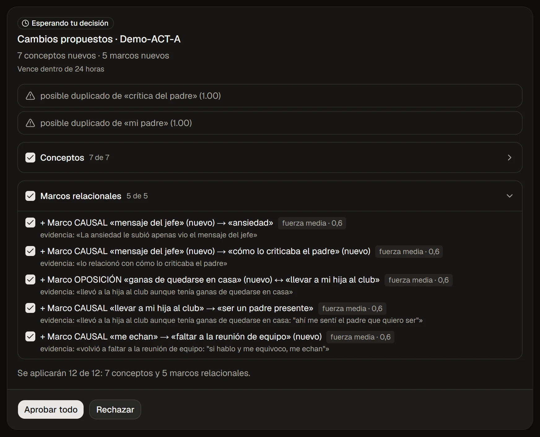 La tarjeta de propuesta con los cambios del caso, cada uno con la frase de la que salió, y el botón para aprobar.