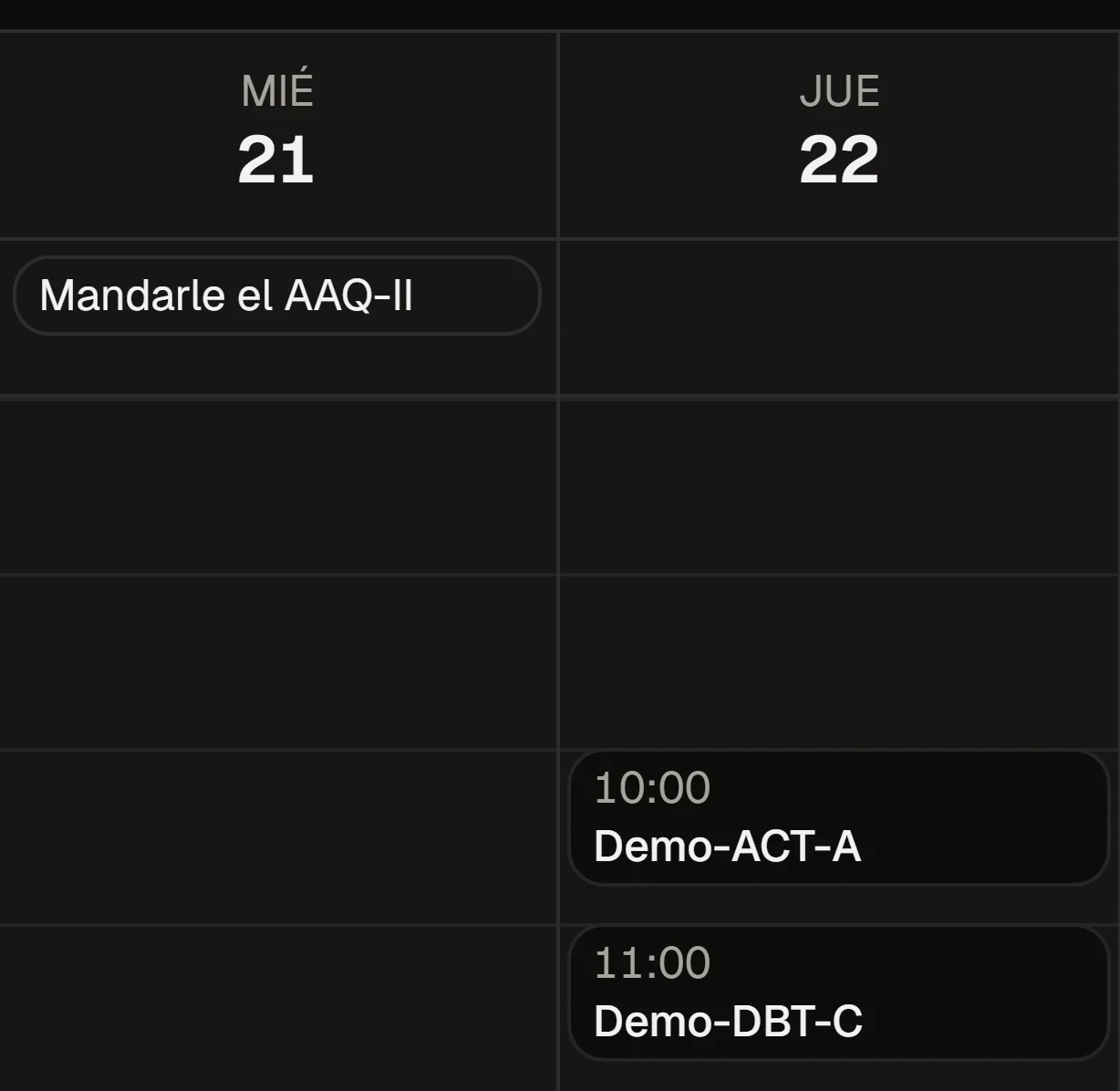 La agenda de la semana con el turno del jueves y la tarea del miércoles creados desde la conversación.