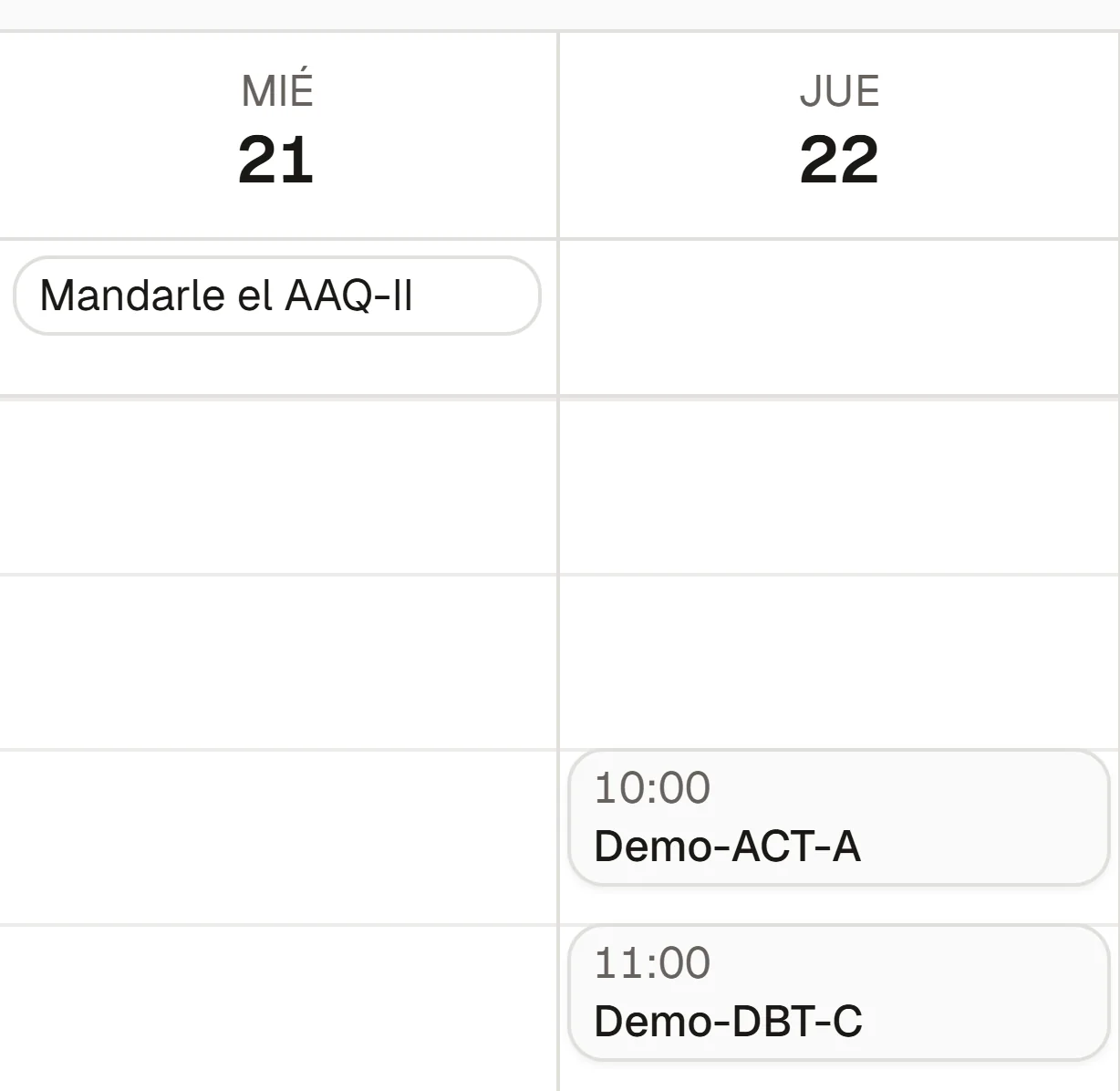 La agenda de la semana con el turno del jueves y la tarea del miércoles creados desde la conversación.