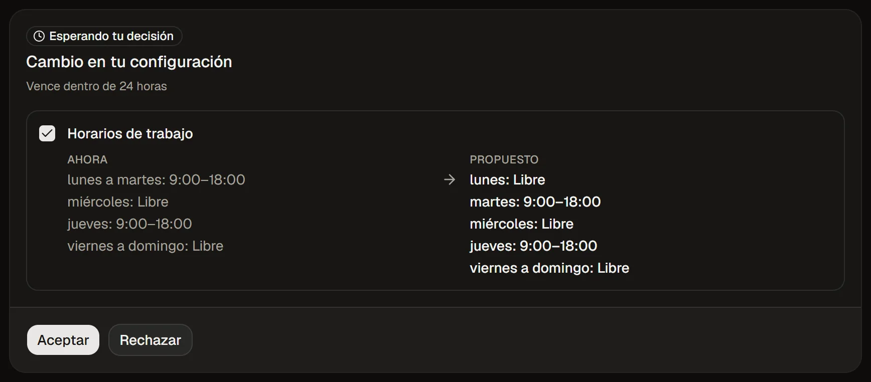 La tarjeta con el cambio de horario de atención, con el antes y el después.