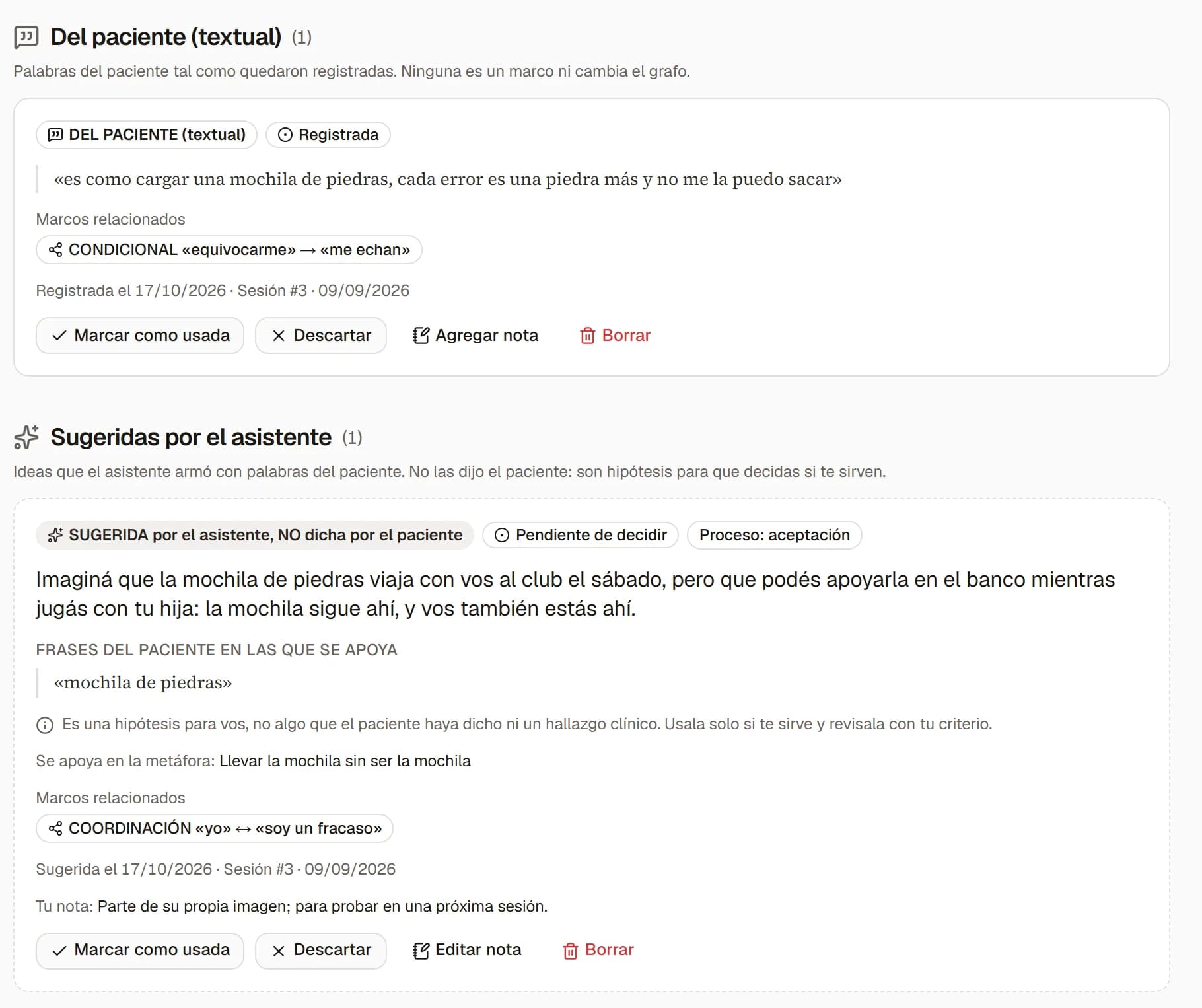 Las metáforas del paciente, textuales, y las que sugiere el asistente, en otro grupo.
