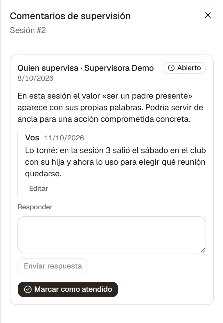 Un hilo de comentario: el supervisor escribió y la persona supervisada respondió; sigue abierto.