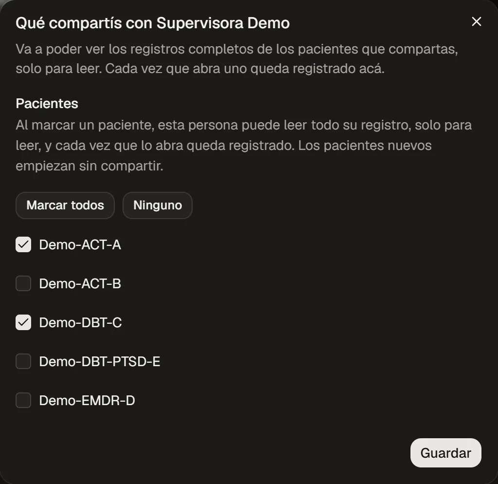 La lista de pacientes con casillas: se comparten los marcados y los nuevos empiezan sin compartir.