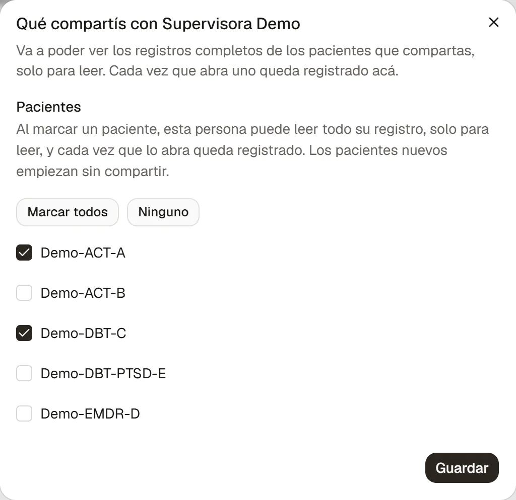 La lista de pacientes con casillas: se comparten los marcados y los nuevos empiezan sin compartir.
