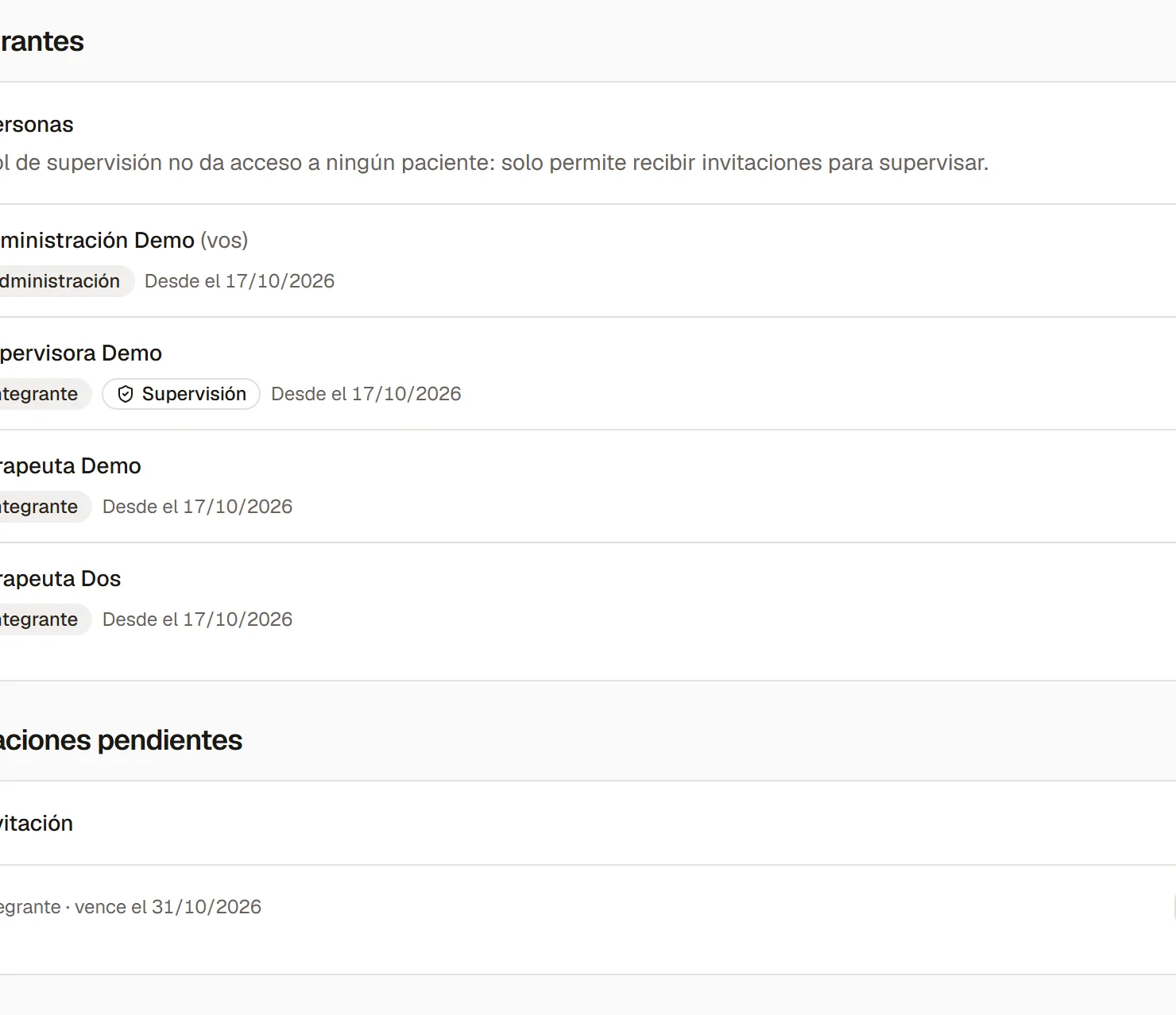 La lista de personas de la organización con sus roles y una invitación pendiente.