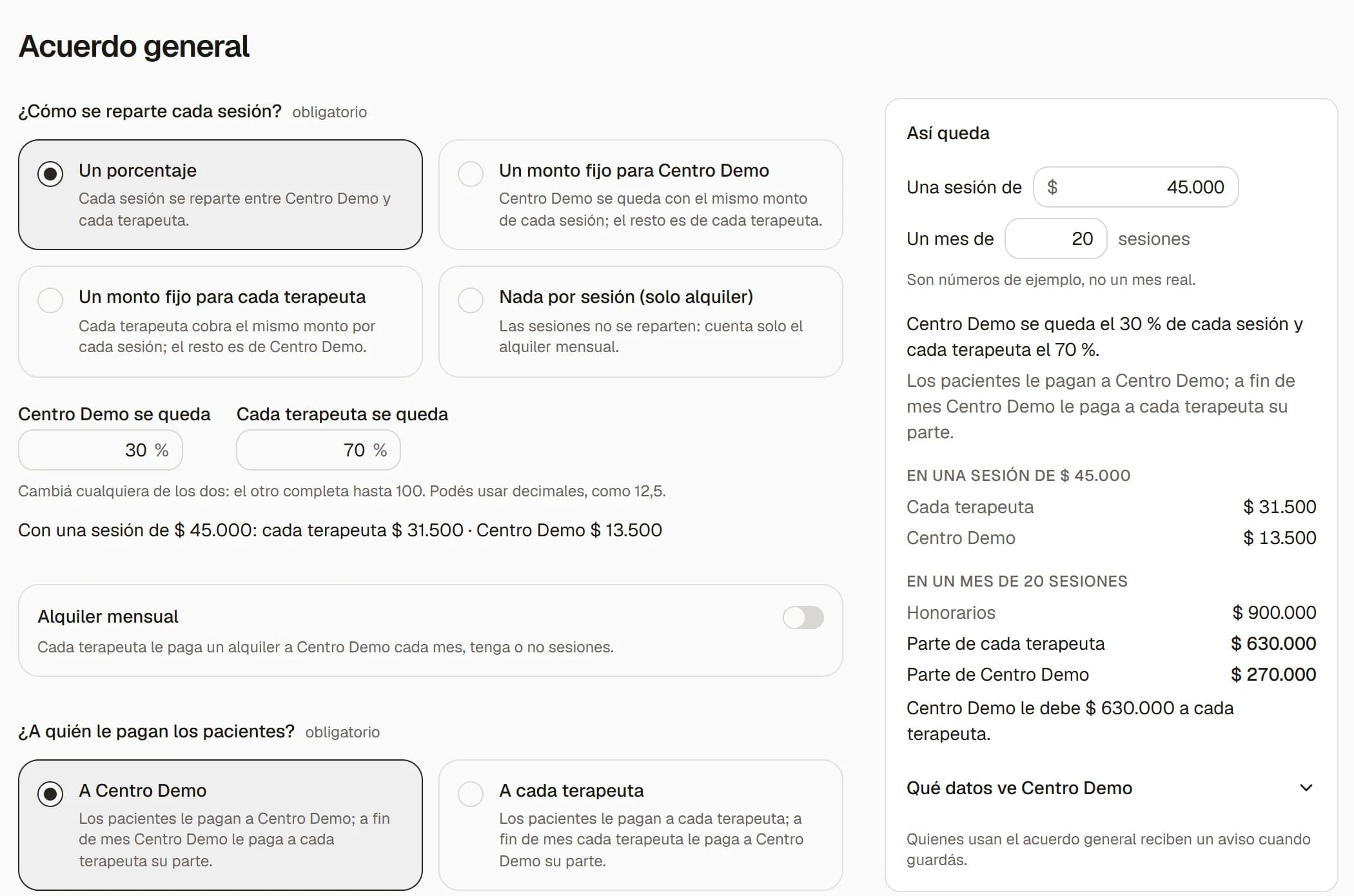 El editor de un acuerdo con porcentaje y alquiler, y el ejemplo «Así queda».