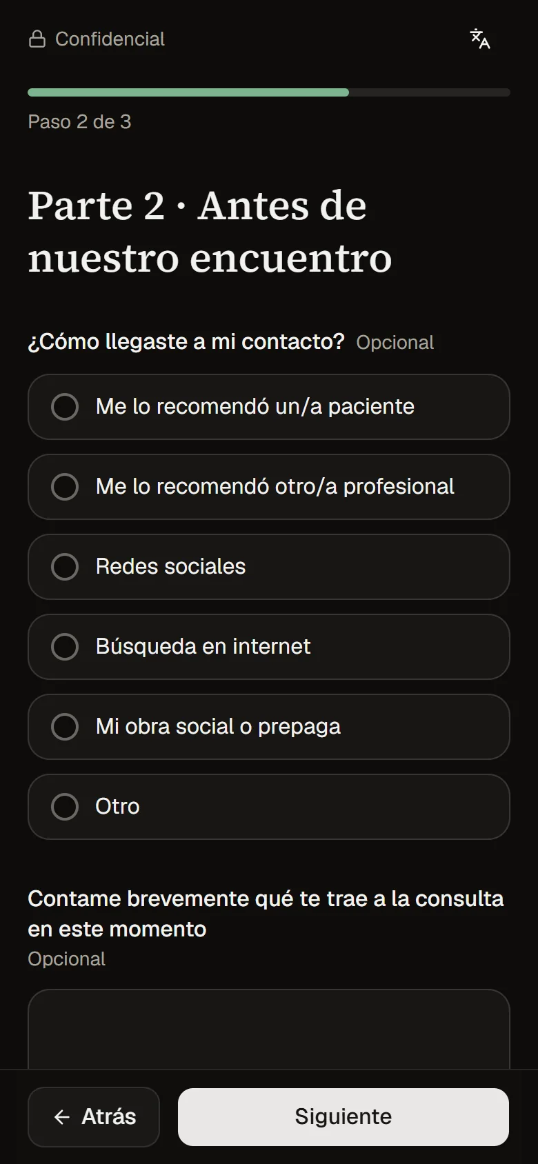 El formulario de admisión en un teléfono, en el segundo paso.