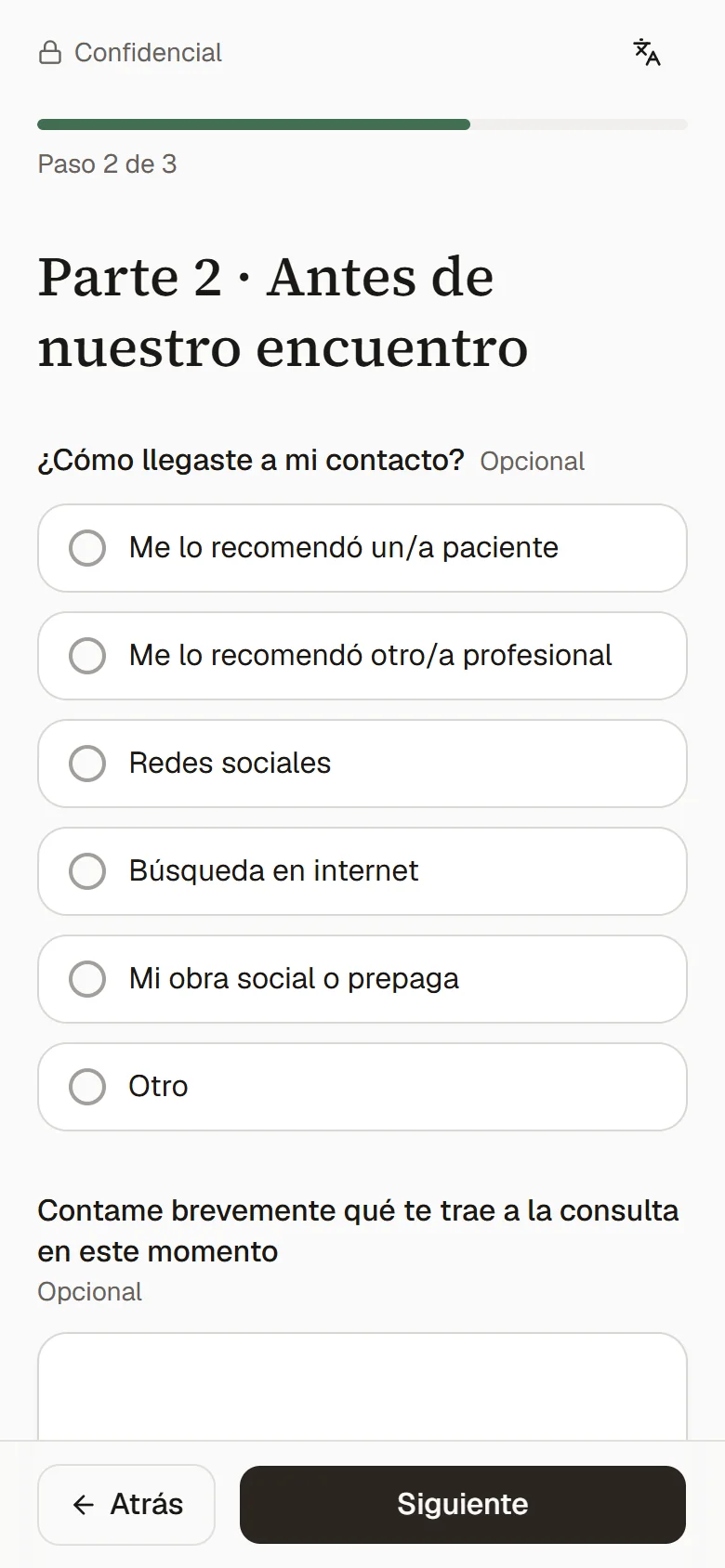 El formulario de admisión en un teléfono, en el segundo paso.